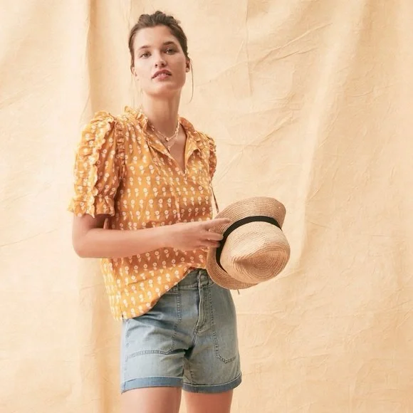 NWT JCrew ruffle sleeve cotton flower top, mustard - Picture 2 of 12